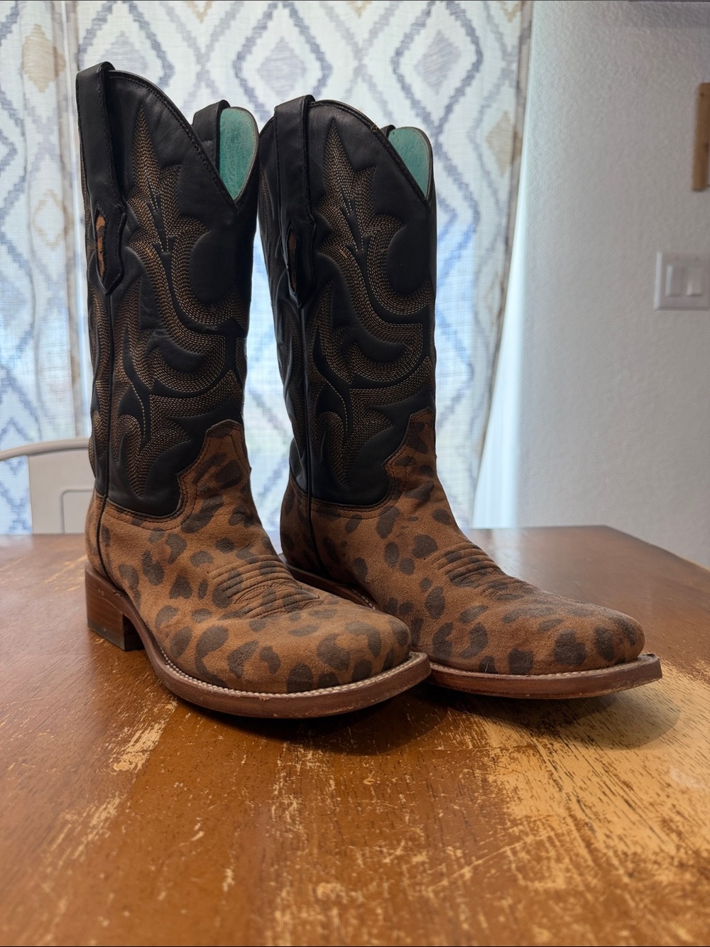 Corral Brown Leopard Print Suede & Black Leather Western Boots